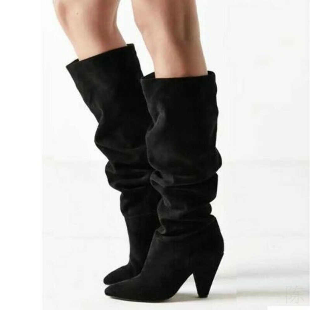 NEW Womens 6 Black Vegan Suede Slouch Knee High Boots Heeled Bootie Winter Faux